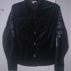 Style & Co. Black Velvet Jacket with Purple Floral Embroidered Sleeves